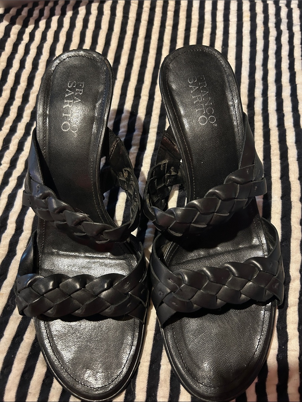 Franco Sarto Black Braided Leather Slide Heels
